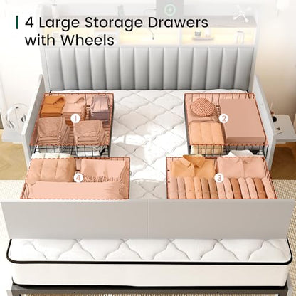 King Bed Frame with 4 Storage Drawers and Built-in Adjustable Desk, view 4