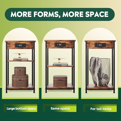 End Table with Charging Station, Small Night Stand with Storage Adjustable Shelf, Side Tables for Small Spaces, Bedside Tables for Living Room, Bedroom, Rustic Brown