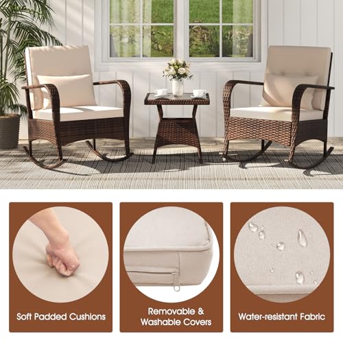 3 Pieces Patio Furniture Set, Outdoor Wicker Rocking Chairs with Cushions, Pillows, Glass Coffee Table, Rattan Bistro Rocker Set for Balcony Front Porch Poolside Garden Deck Yard (Beige)