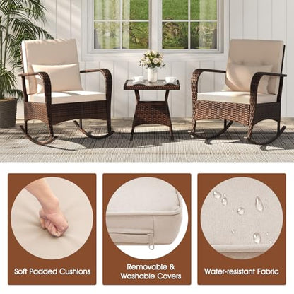 3 Pieces Patio Furniture Set, Outdoor Wicker Rocking Chairs with Cushions, Pillows, Glass Coffee Table, Rattan Bistro Rocker Set for Balcony Front Porch Poolside Garden Deck Yard (Beige)
