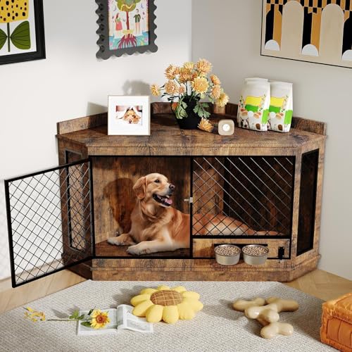 51.3" Corner Dog Crate Furniture with 360° Rotating Feeder, view 8