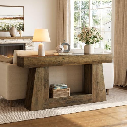 63" Farmhouse Console Table with Storage, Rustic Sofa Table for Entryway, Narrow Long Sofa Table Behind Couch, Console Table for Living Room, Hallway—Versatile Storage Solution, Oak