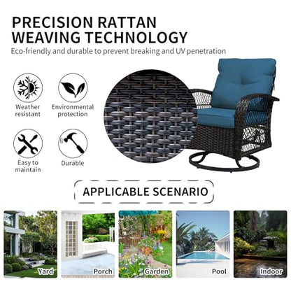 SHGJ&SOFT 3 Piece Patio Furniture Set, 2 Outdoor Swivel Rocking Chairs with Side Table, Wicker Glider Chairs, All-Weather Rattan Bistro Set for Porch, Deck, Pool (Blue, Brown Open-Weave Rattan)