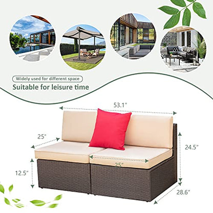 2 Pieces Patio Furniture Sets,Wicker Outdoor Sofa with Thick Cushion and Pillow,Small Sectional Couch All-Weather Armless Sofa for Backyard,Porch & Poolside,Waterproof Patio Furniture