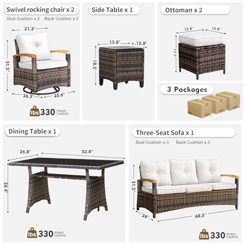 7 Pieces Patio Furniture Sets, PE Wicker Outdoor Conversation Sets with 2 Wood Armrests Swivel Rocker Chairs, 2 Ottomans,3-seat Sofa and Dining Table (Beige)