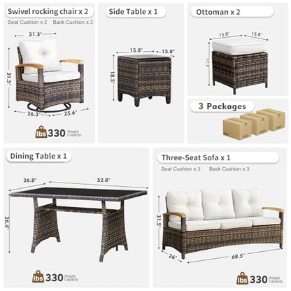 7 Pieces Patio Furniture Sets, PE Wicker Outdoor Conversation Sets with 2 Wood Armrests Swivel Rocker Chairs, 2 Ottomans,3-seat Sofa and Dining Table (Beige)