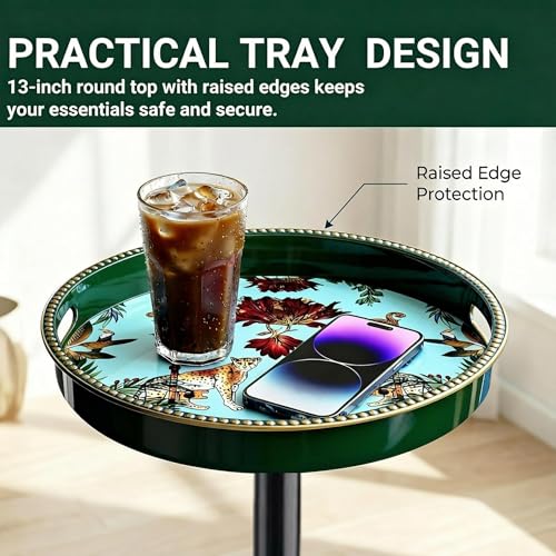 Boho Single Leg Round Side Table with Tray Top, Pedestal Drink Table for Small Spaces, Aesthetic Accent Nightstand for Living Room, Bedroom, Corners, and Office (Green Leopard)