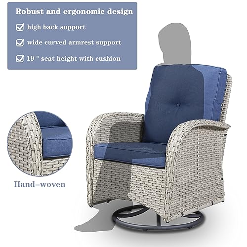 Patio Wicker Chairs Swivel Rocker - Outdoor Swivel Rocking Chairs Set of 2 with Rattan Side Table,3 Piece Patio Swivel Glider Chair Furniture Sets for Patio Porch Pool Light Beige/Blue
