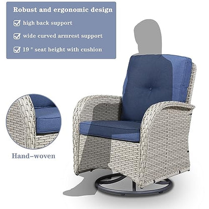 Patio Wicker Chairs Swivel Rocker - Outdoor Swivel Rocking Chairs Set of 2 with Rattan Side Table,3 Piece Patio Swivel Glider Chair Furniture Sets for Patio Porch Pool Light Beige/Blue
