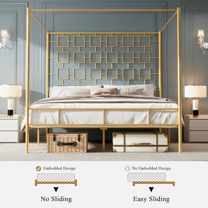 King Size Canopy Bed Frame, Four-Poster Platform Bed with Metal Slats Support, view 7