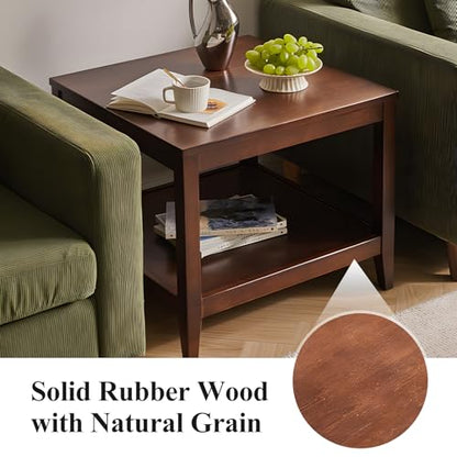 Side Table, Solid Wood Square End Table with Storage Shelf, 2-Tier Coffee Table for Living Room, Rubber Wood Small Sofa Table, Nightstand 23.62 H x 23.62 W x 23.62 D Inches (Walnut)