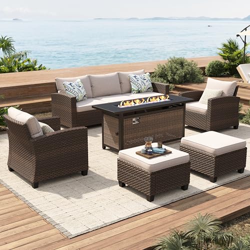Patio Furniture Set Outdoor Furniture Brown Wicker Rattan Patio Conversation Sets with Cushion Outside Sofa Set,6 Pieces with Rectangular Firepit Table,7 Seats,Beige