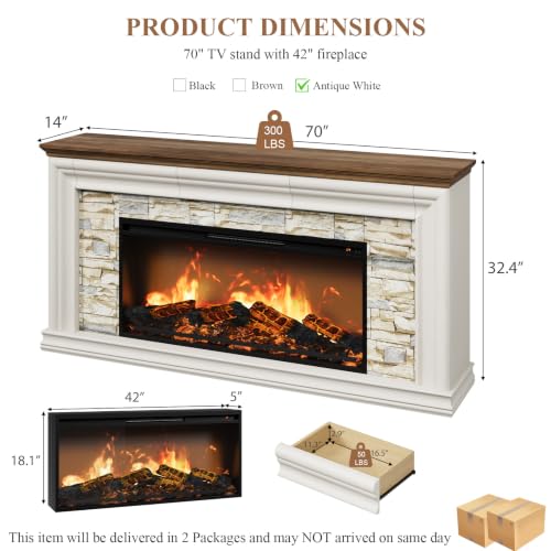 70" Fireplace TV Stand Up to 80" TVs, 42" Modern Electric Fireplace with Mantel, view 4