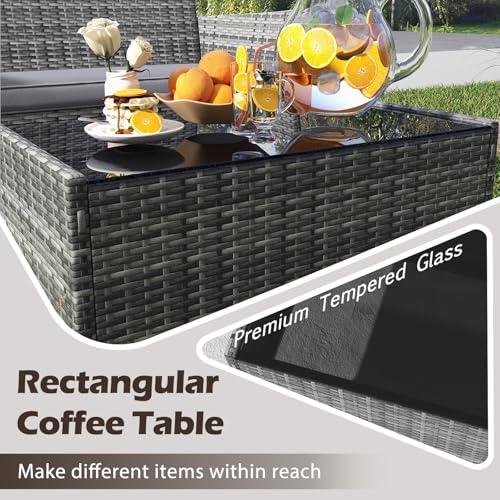 4-Piece Patio Furniture Set - Rattan Outdoor Conversation Bistro Set w/Cushions, Glass Coffee Table, Wicker Chairs & Loveseat for Garden Backyard Porch, Balcony Furniture Set (1, Mix Grey)