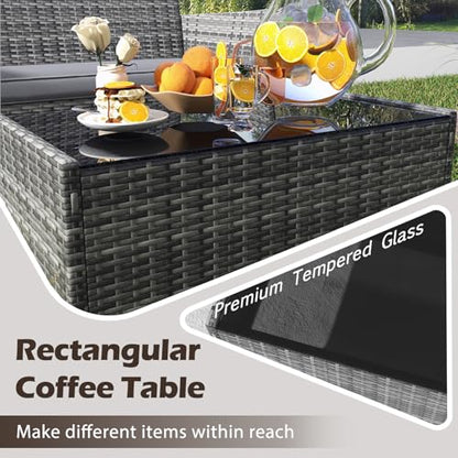 4-Piece Patio Furniture Set - Rattan Outdoor Conversation Bistro Set w/Cushions, Glass Coffee Table, Wicker Chairs & Loveseat for Garden Backyard Porch, Balcony Furniture Set (1, Mix Grey)