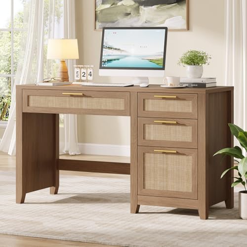 47" Farmhouse Rattan Executive Desk with File Drawer, Brown, view 2
