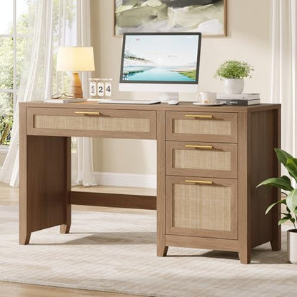 47" Farmhouse Rattan Executive Desk with File Drawer, Brown, view 2