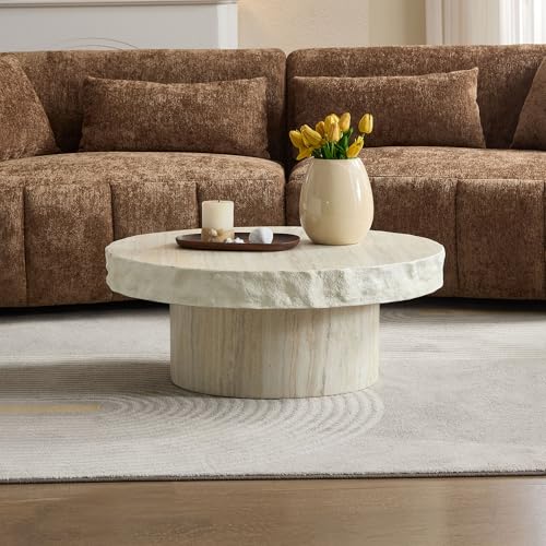 Set of 2 Round Coffee Tables for Living Room, 31.7" W x 13" H Faux Mars Circle Drum Pattern Modern Minimalist 23.82" W x16.93 Side Tables Accent End Table for Apartment, Office, Beige