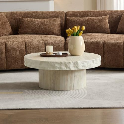 Set of 2 Round Coffee Tables for Living Room, 31.7" W x 13" H Faux Mars Circle Drum Pattern Modern Minimalist 23.82" W x16.93 Side Tables Accent End Table for Apartment, Office, Beige