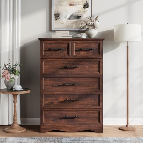 Walnut 6 Drawer Dresser for Bedroom, 44" Tall Chest of Drawers, view 3