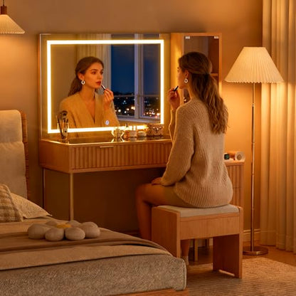48" Fluted Makeup Vanity with Large LED Mirror and Glass Top, Oak, view 4