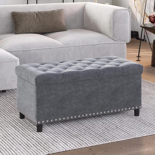 Storage Ottoman, Tufted Ottoman with Close Hinge, Foot Rest for Living Room (Gray, 31 inch)