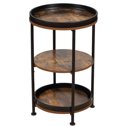 Side Table, Round End Table with 3 Storage Shelves for Living Room, Bedroom, Nightstand with Steel Frame for Small Spaces, Industrial Round Sofa Table, Outdoor Accent Coffee Table, Rustic Brown