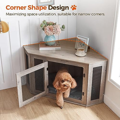 Corner Dog Crate Furniture, Wooden Dog Kennel End Table, Decorative Pet Crate Indoor Use, Furniture Style Dog House for Small Medium Dog, Dog Cage TV Stand, Greige and Black DCHG0801