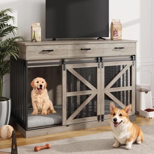 Spacesea Large Dog Crate Furniture with Sliding Barn Door, view 7