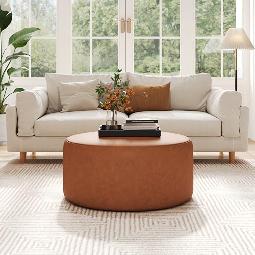 GAVI PU Leather Ottoman Foot Stool, 30" Pouf Footstool Ottoman Seat, Upholstered Foot Chair, Round Footrest, Modern Side Table for Living Room Bedroom Home Decor, Cognac Brown