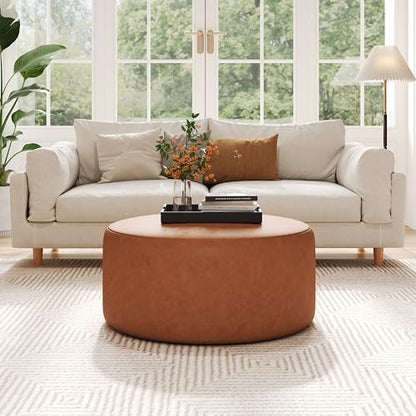 GAVI PU Leather Ottoman Foot Stool, 30" Pouf Footstool Ottoman Seat, Upholstered Foot Chair, Round Footrest, Modern Side Table for Living Room Bedroom Home Decor, Cognac Brown