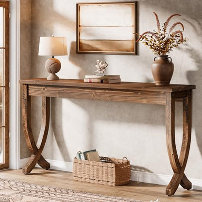 63-Inch Solid Wood Console Table for Entryway | Farmhouse Narrow Long Sofa Table with Curved Legs, Brown