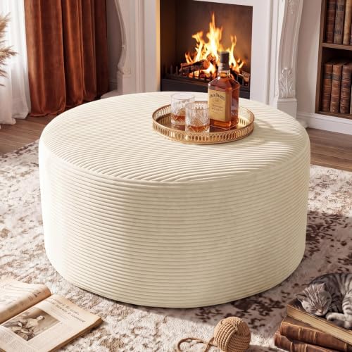 Round Ottoman,Corduroy Ottomans Foot Stool, 27.5" Pouf Footstool Ottomans Seat, Round Footrest, Modern Side Table for Living Room Bedroom Home Decor No Assembly Require (Beige, 27.5")