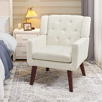 Accent Chair Button-Tufted Upholstered Living Room Chairs Comfy Reading Mid Century Modern with Linen Fabric Lounge Arm for Bedroom (Beige) 29.33D x 28.94W x 34.65H Inch