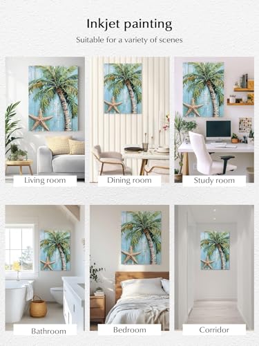 NuYeBiofx Summer Coconut Tree Starfish Canvas Wall Art Prints,40"x28" Framed Picture Artwork Seaside Plant Blue Wood Plank Printed Canvas Oil Painting for Living Room Bedroom Office,Ready to Hang