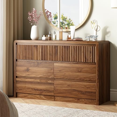 Walnut Fluted 7 Drawer Dresser for Bedroom, Curved Edge, 50" Wide, view 2