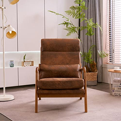 Accent Chair High Back Mid-Century Modern, Brown | Bronzing Cloth Upholstered, Walnut Color Solid Rubber Wood Frame, Soft Cushion with Pillow, For Living Room, Bedroom, Balcony