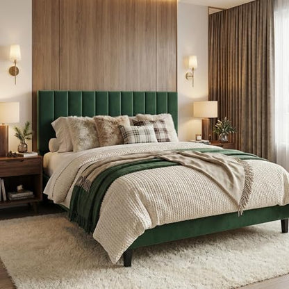 Queen Size Platform Bed Frame with Upholstered Headboard, Dark Green, view 4