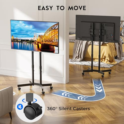 Rolling TV Stand for 32-75 Inch TVs, Height Adjustable Mobile TV Cart on Wheels, Heavy Duty TV Stand Supports Up to 110lbs, Stable Dual-Column Design, Cable Management, Indoor, Outdoor