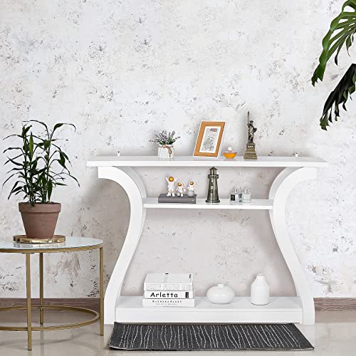 Wood Console Table with Curved Legs and Shelf, 3 Tier Modern Accent Sofa Table for Entryway, Living Room, Hallway, 47 in Wide, Easy Assembly (White)