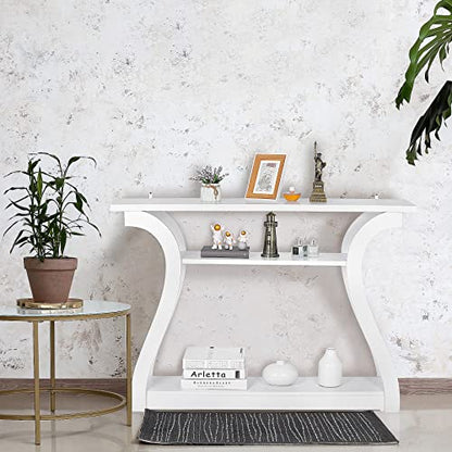 Wood Console Table with Curved Legs and Shelf, 3 Tier Modern Accent Sofa Table for Entryway, Living Room, Hallway, 47 in Wide, Easy Assembly (White)