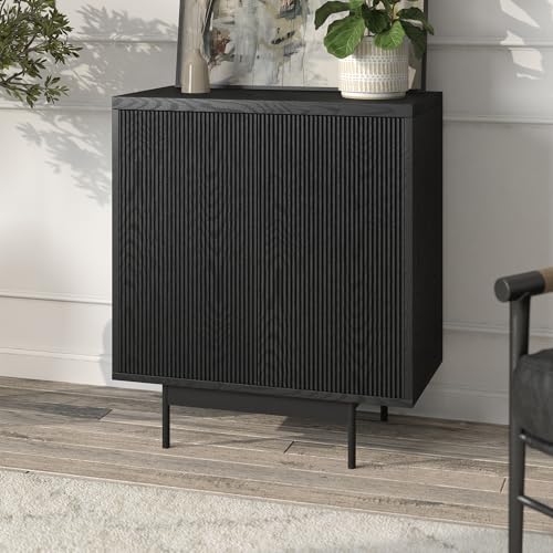 28" Fluted Accent Cabinet, Ribbed Modern Sideboard Buffet Cabinet with 2 Doors and an Adjustable Shelf for Living Room, Dining Room, Bedroom or Entryway, Natural Black