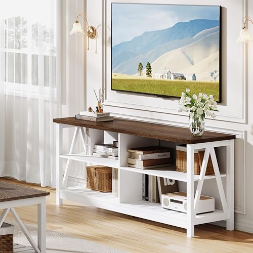 Farmhouse TV Stand for TVs up to 55 Inch, Modern Entertainment Center with 4 Open Shelves & Built-in Cable Holes, Media TV Console for Living Room, Bedroom, White