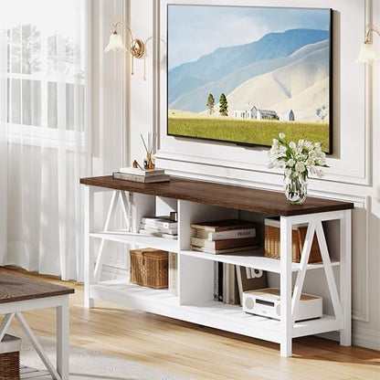 Farmhouse TV Stand for TVs up to 55 Inch, Modern Entertainment Center with 4 Open Shelves & Built-in Cable Holes, Media TV Console for Living Room, Bedroom, White