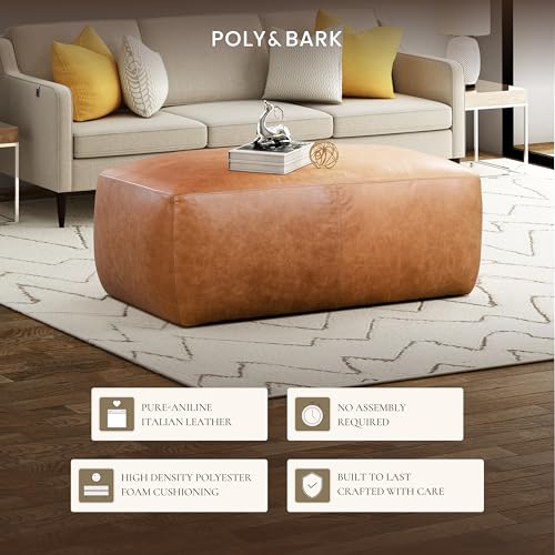POLY & BARK Denver Ottoman – 43" Large Pouf with Feather-Down Topper – Full-Grain Leather Upholstered Pouf Ottoman for Living Room – Vintage Italian Leather in Cognac Tan