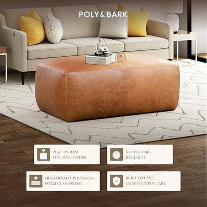 POLY & BARK Denver Ottoman – 43" Large Pouf with Feather-Down Topper – Full-Grain Leather Upholstered Pouf Ottoman for Living Room – Vintage Italian Leather in Cognac Tan