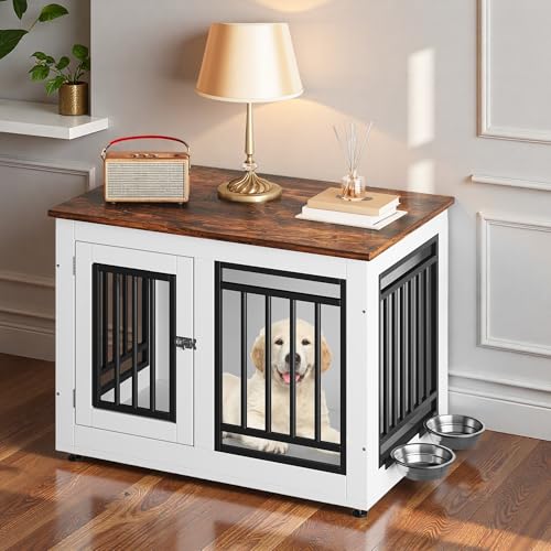 28 Inch Dog Crate Furniture with Adjustable Feet & Removable Bowls, view 2
