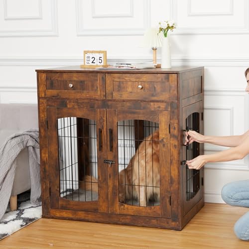 GarveeHome Dog Crate Furniture,Wood Kennel Indoor with Drawers Storage, view 5