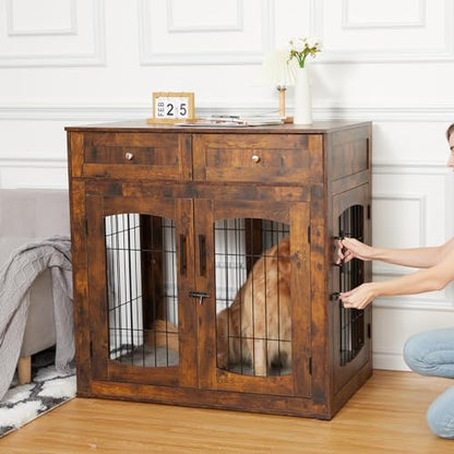 GarveeHome Dog Crate Furniture,Wood Kennel Indoor with Drawers Storage, view 5