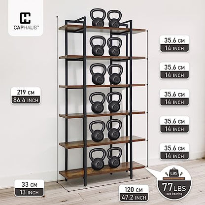 6-Tier Book Shelf, 86" H Vintage Industrial Bookcase with Open Display Shelving, Wooden and Metal Shelving Unit, Bookshelves and Bookcases, Stand Shelf for Bedroom, Home Office, Rustic Oak